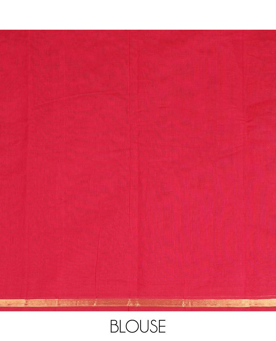 Red floral motifs kanchi cotton saree with self zari border & checked floral design pallu