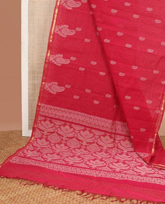 Red floral motifs kanchi cotton saree with self zari border & checked floral design pallu
