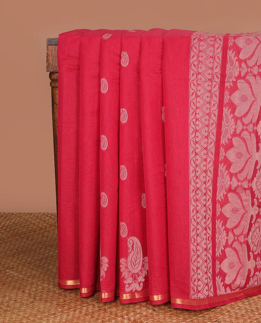 Red floral motifs kanchi cotton saree with self zari border & checked floral design pallu