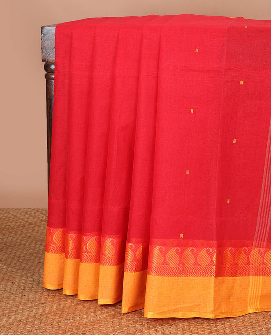 Red motifs bengal cotton saree with contrast paisely design border & striped, floral motifs pallu