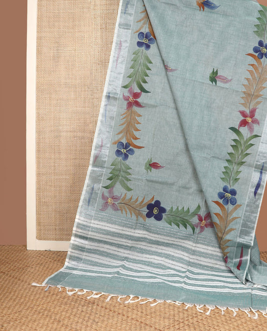 Green hand-brushing-style floral printed jute cotton saree, zari & printed border & striped pallu