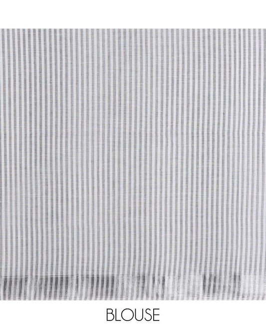 Grey and white striped jute cotton saree, striped border and striped pallu
