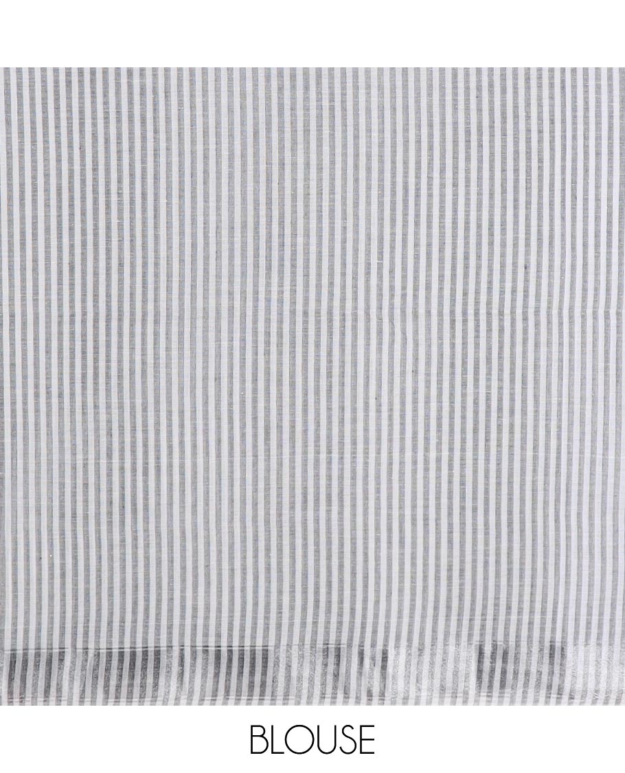 Grey and white striped jute cotton saree, striped border and striped pallu
