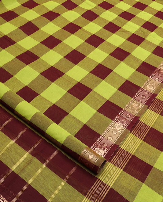 Multi-color macro checked nine-yard cotton saree,  unique motifs woven border, and striped pallu