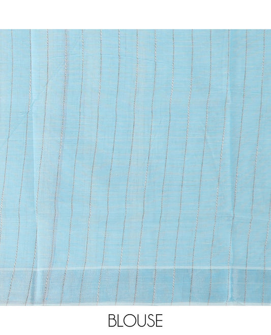 Powder blue flower buttas printed cotton saree, zari border and striped pallu