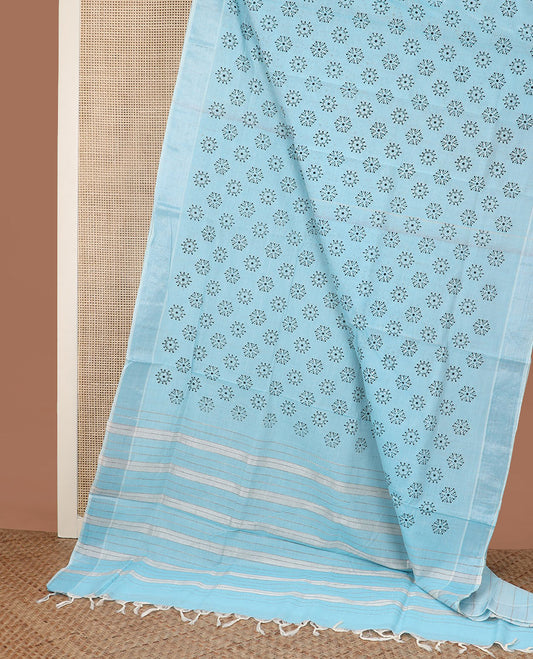 Powder blue flower buttas printed cotton saree, zari border and striped pallu