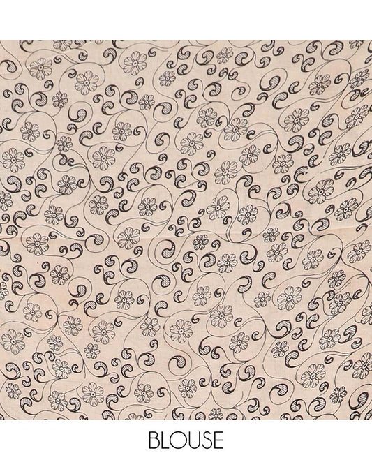 Mustard floral vine machine printed kalamkari cotton saree, contrast floral-pot motifs printed border, and pallu of peacock print