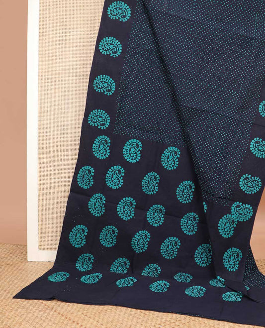 Blue polka dotted printed sungudi cotton saree, batik paisley border, and pallu