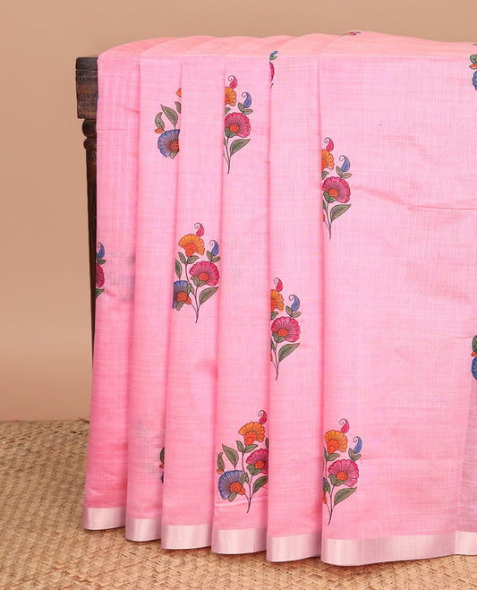 Pink floral buttas printed chirala cotton saree, bavanji border, and contrast floral print pallu