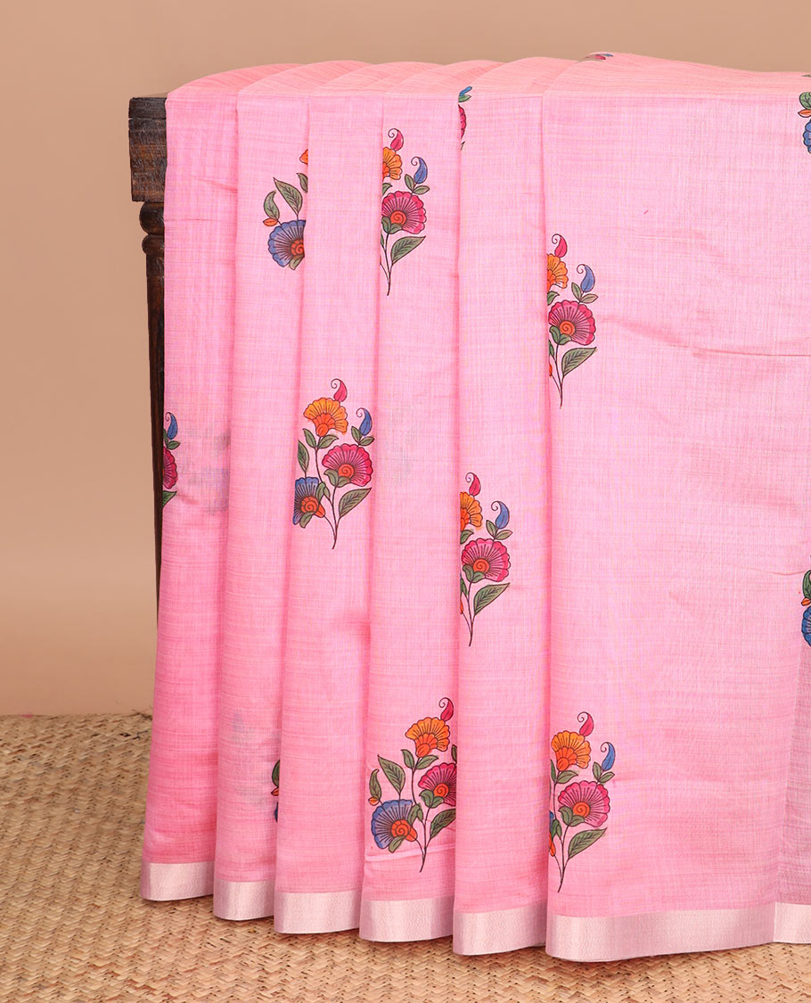 Pink floral buttas printed chirala cotton saree, bavanji border, and contrast floral print pallu