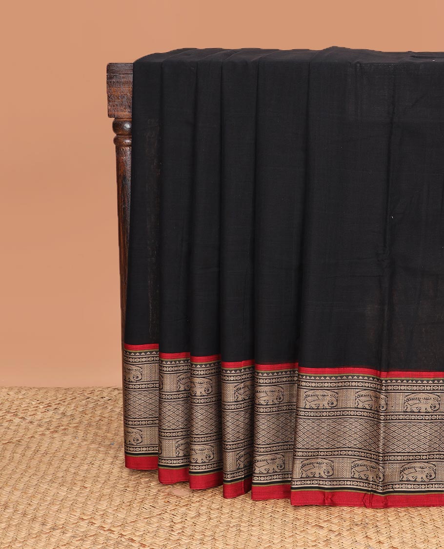 Black plain Narayanapet cotton saree, contrast traditional design border, and striped pallu