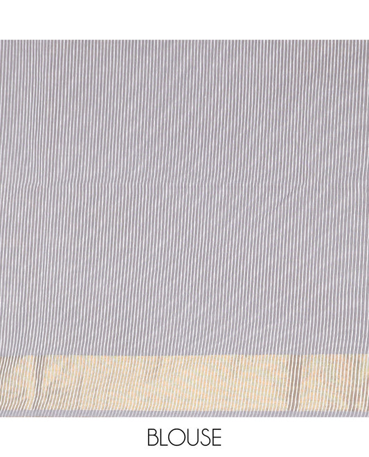 Grey zari striped jute cotton saree, bavanji border, and striped pallu