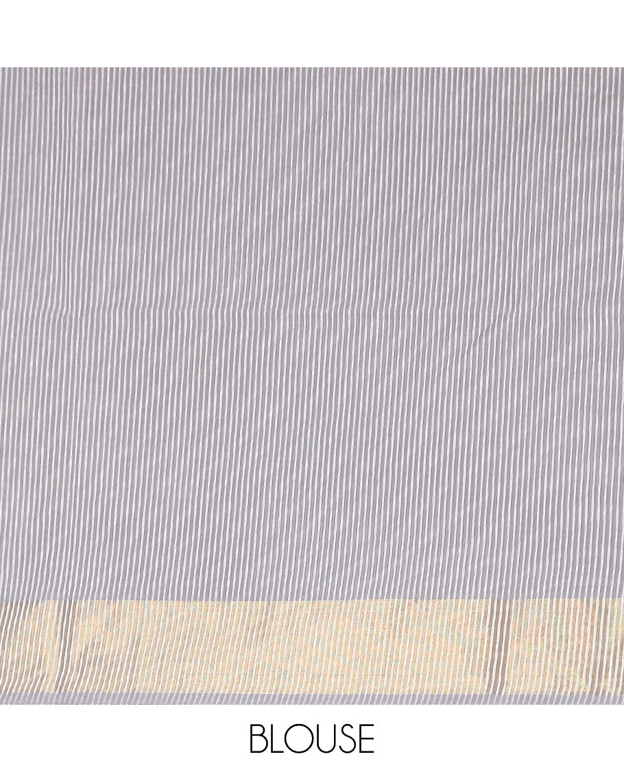 Grey zari striped jute cotton saree, bavanji border, and striped pallu