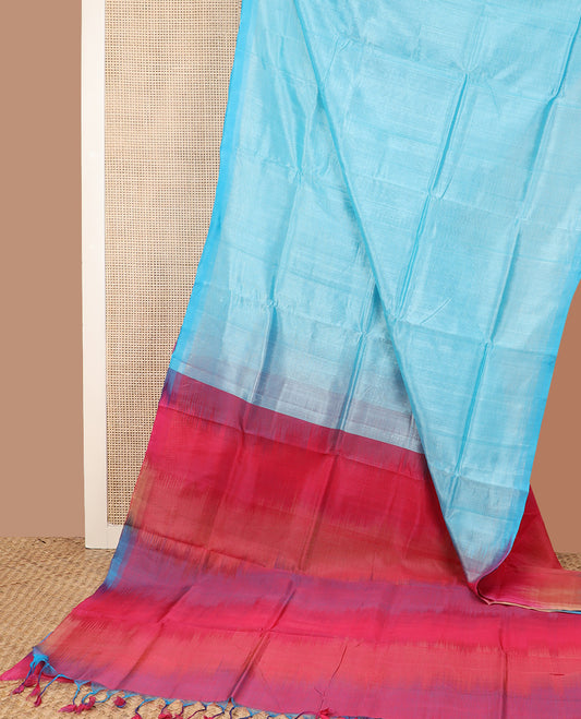 Borderless powder blue plain Mangalagiri Cotton saree, contrast striped pallu