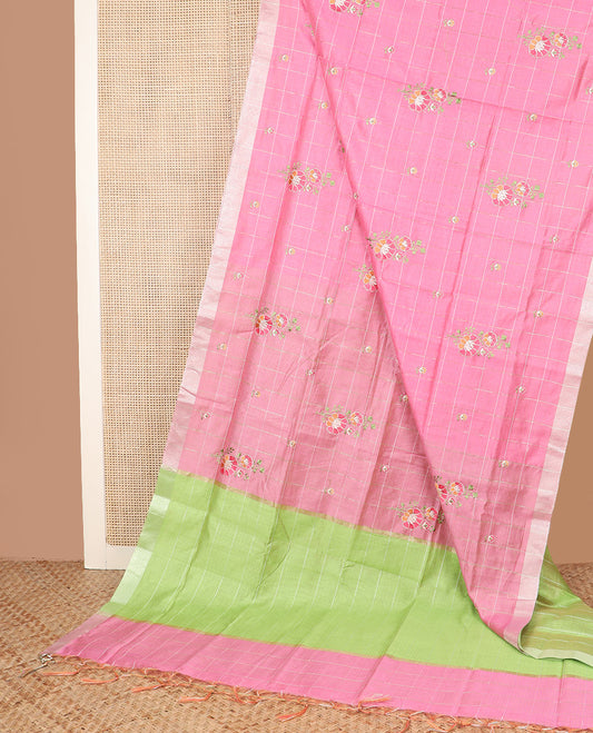 Pink checked with floral embroidered chirala cotton saree, plain border, and contrast striped pallu