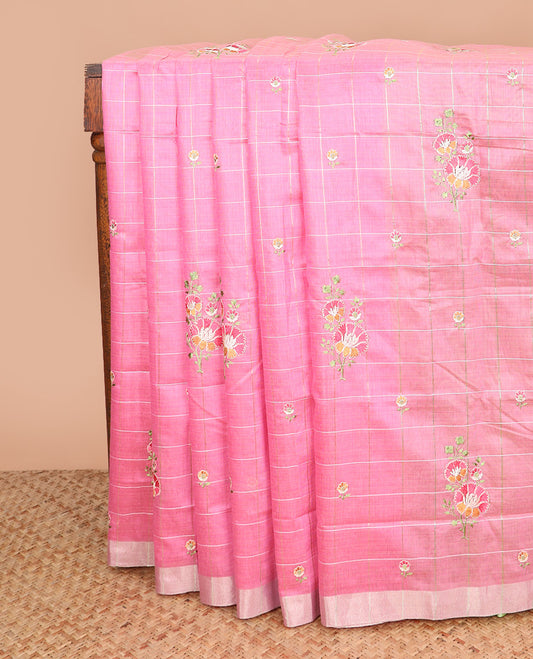 Pink checked with floral embroidered chirala cotton saree, plain border, and contrast striped pallu