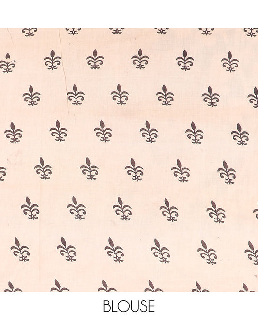 Pale brown pond-theme machine printed kalamkari cotton saree, floral-chevron print border, and pallu of peacock print