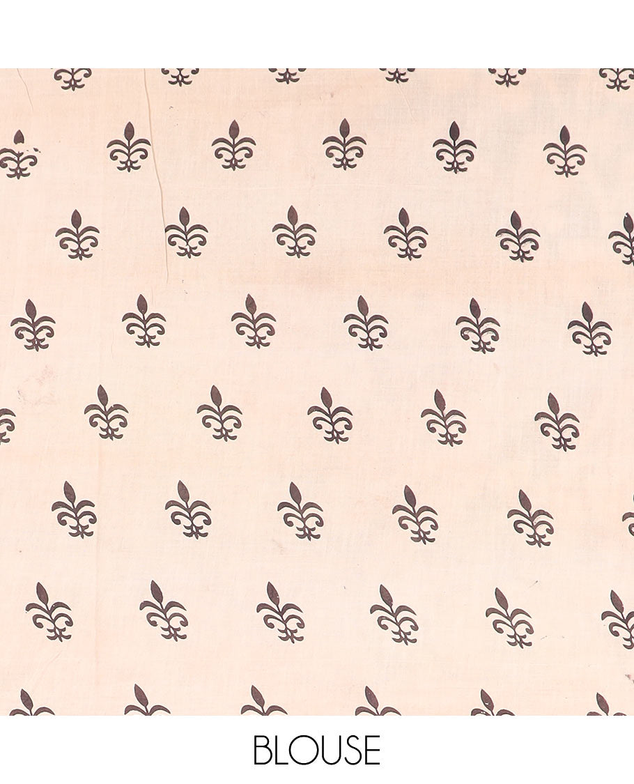 Pale brown pond-theme machine printed kalamkari cotton saree, floral-chevron print border, and pallu of peacock print