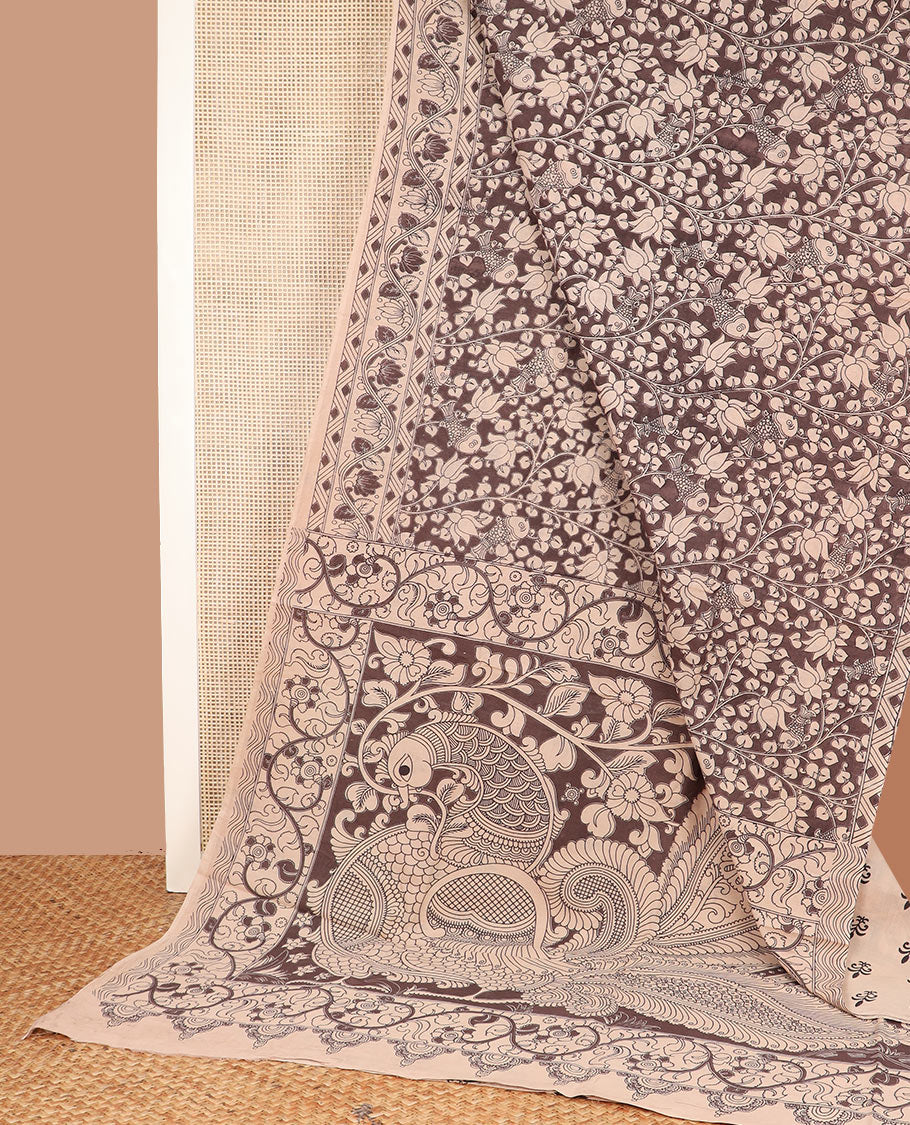 Pale brown pond-theme machine printed kalamkari cotton saree, floral-chevron print border, and pallu of peacock print