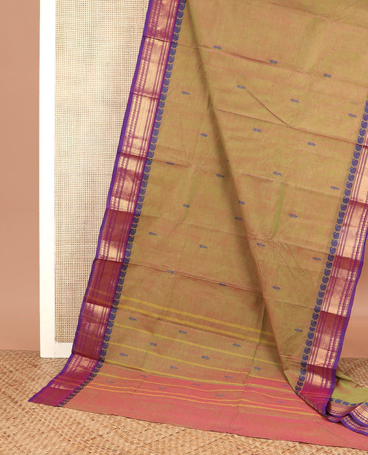Green dual-toned buttas Chettinad cotton saree, contrast traditional design border, and striped pallu