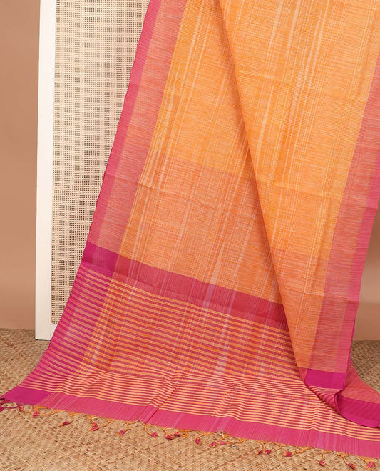 Orange textured Mangalagiri cotton saree, contrast border and striped pallu