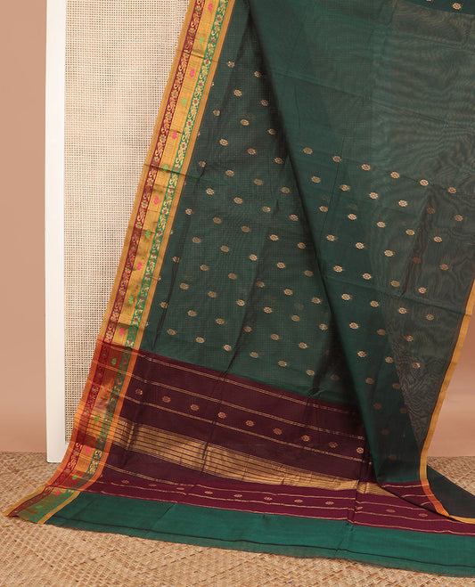 Green zari buttas Venkatagiri cotton saree, contrast zari and thread work border, and zari striped pallu