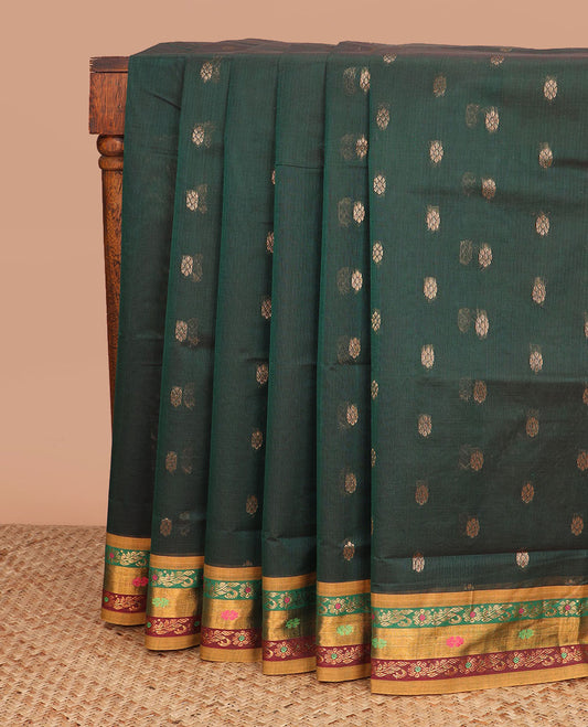 Green zari buttas Venkatagiri cotton saree, contrast zari and thread work border, and zari striped pallu