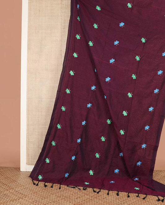 Purple Khadi Cotton Saree Artfully Detailed with Colorful Butterfly Embroidery, Pallu Beautifully Decked Up with Butterfly Embroidery, and Paired with a Matching Blouse