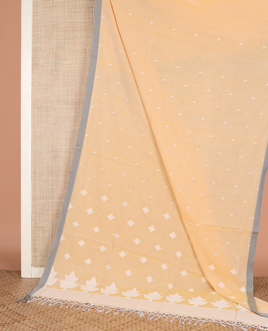 Yellow thread buttas Khadi cotton saree, contrast plain border, and pallu of geometric buttas