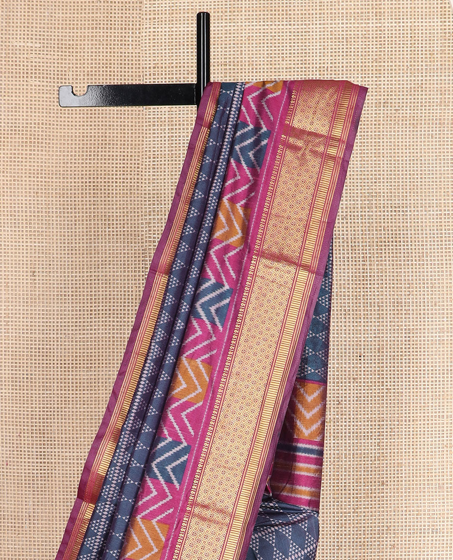 Blue geometric patterned semi-banaras patola silk saree, contrast chevron border of traditional zari designs, and pallu of geometric motifs