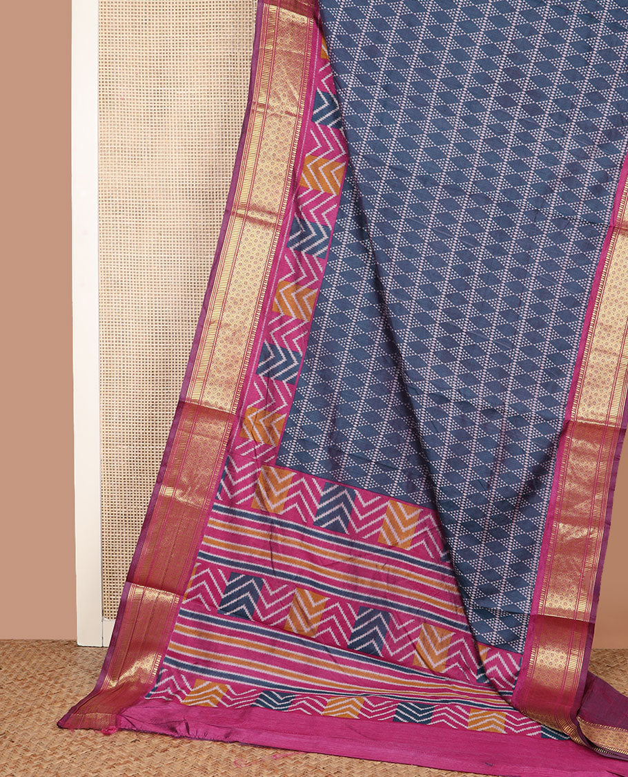 Blue geometric patterned semi-banaras patola silk saree, contrast chevron border of traditional zari designs, and pallu of geometric motifs