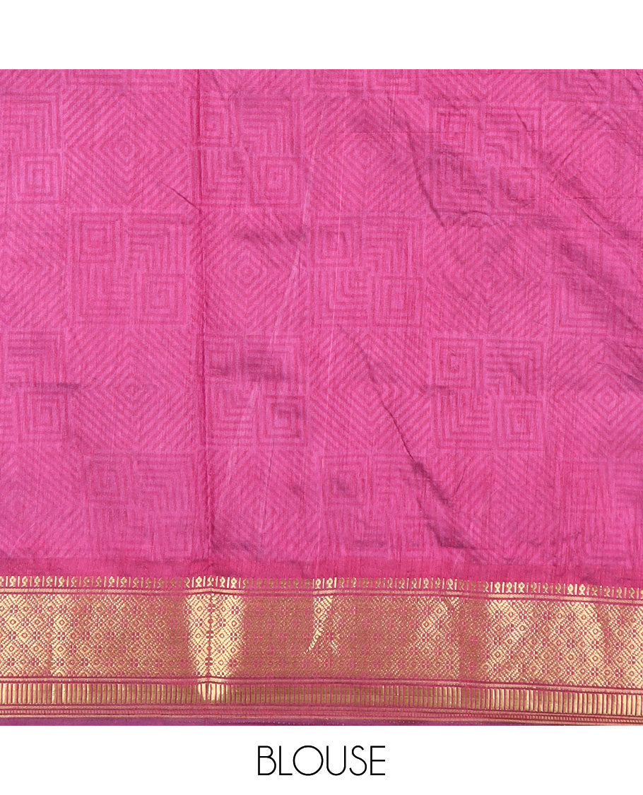 Blue geometric patterned semi-banaras patola silk saree, contrast chevron border of traditional zari designs, and pallu of geometric motifs