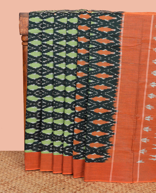 Multi-Color Ikkat Cotton Saree, Mesmerized with Ikkat-Style Jaal Patterns Woven All Over Its Body, Complemented by a Contrast Border, Pallu of Buttas in Ikkat Weave, and No Blouse