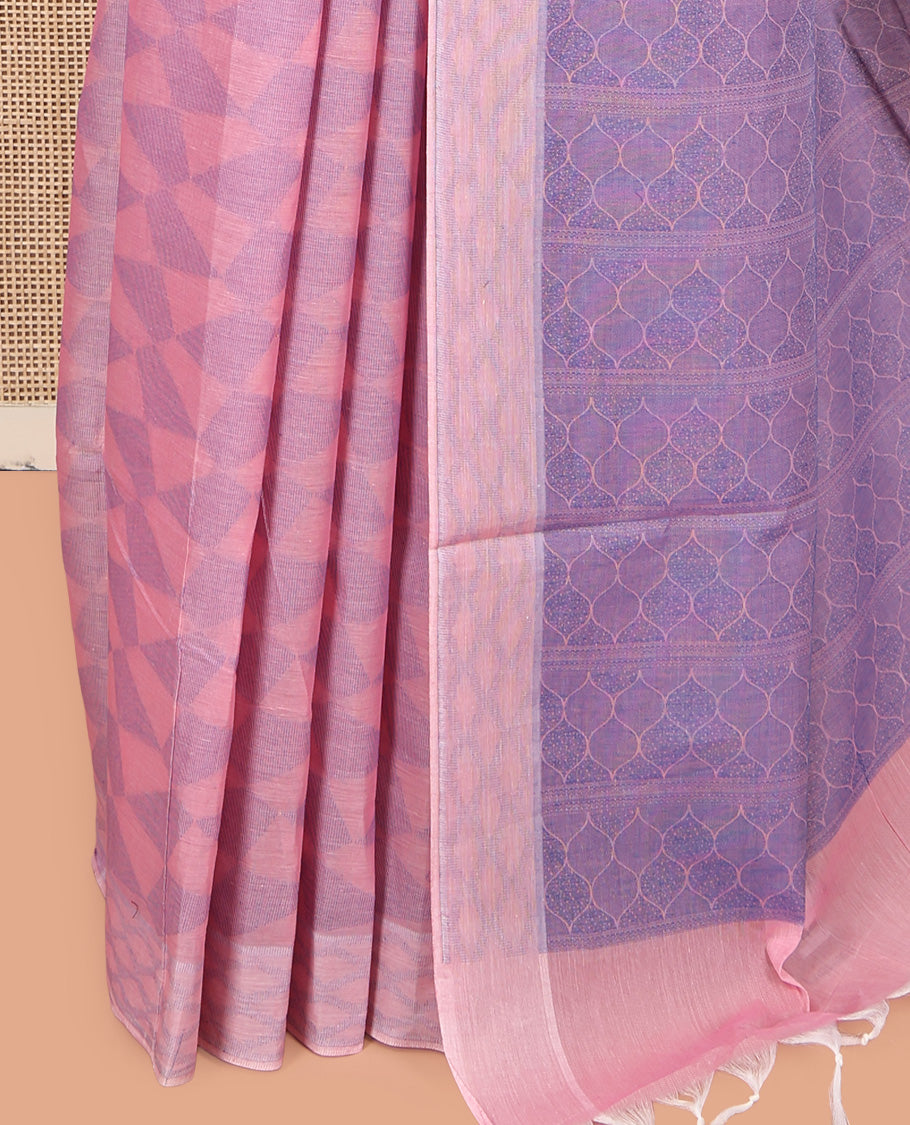 Pink Coimbatore Cotton Saree, Sparsely Woven with Geometric Design on Its Body, a Subtle Diamond Border, Pallu of Ogee Design, and Paired with Matching Blouse