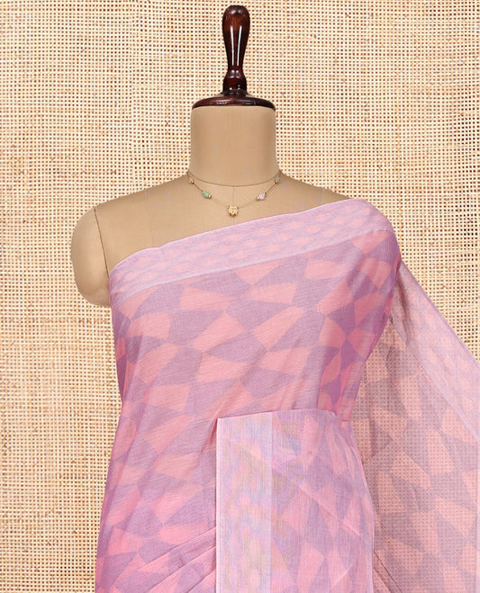 Pink Coimbatore Cotton Saree, Sparsely Woven with Geometric Design on Its Body, a Subtle Diamond Border, Pallu of Ogee Design, and Paired with Matching Blouse