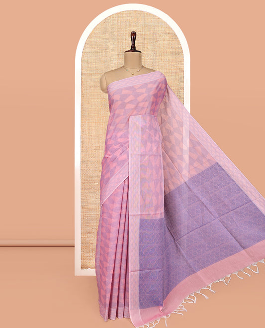 Pink Coimbatore Cotton Saree, Sparsely Woven with Geometric Design on Its Body, a Subtle Diamond Border, Pallu of Ogee Design, and Paired with Matching Blouse