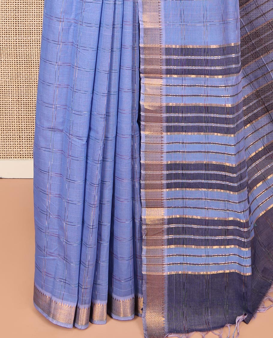 Lavender Mangalgiri Cotton Saree, Adorned with Checked Design on Its Body, Highlighted by Zari Temple Border, Zari-Striped Pallu, and Paired with a Contrast Blouse