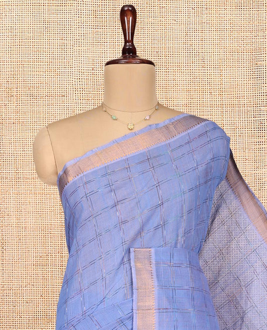 Lavender Mangalgiri Cotton Saree, Adorned with Checked Design on Its Body, Highlighted by Zari Temple Border, Zari-Striped Pallu, and Paired with a Contrast Blouse