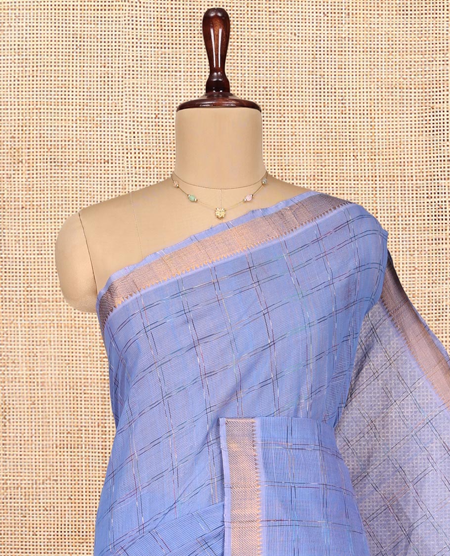 Lavender Mangalgiri Cotton Saree, Adorned with Checked Design on Its Body, Highlighted by Zari Temple Border, Zari-Striped Pallu, and Paired with a Contrast Blouse