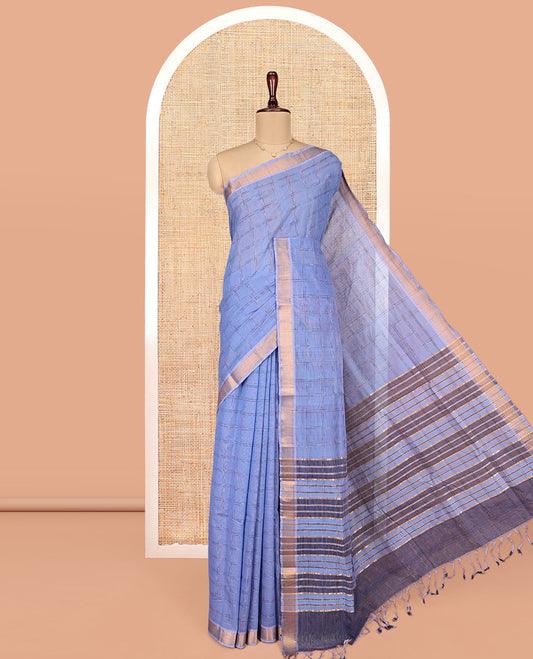 Lavender Mangalgiri Cotton Saree, Adorned with Checked Design on Its Body, Highlighted by Zari Temple Border, Zari-Striped Pallu, and Paired with a Contrast Blouse