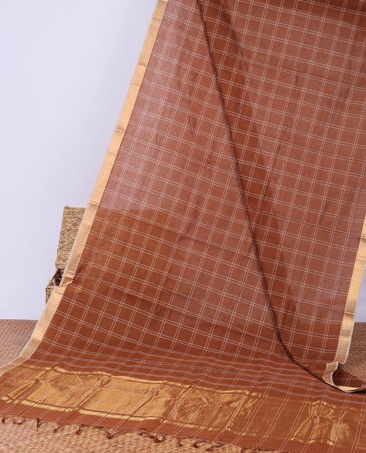 Brown checked design khadi cotton saree, contrast zari border & traditional zari design pallu