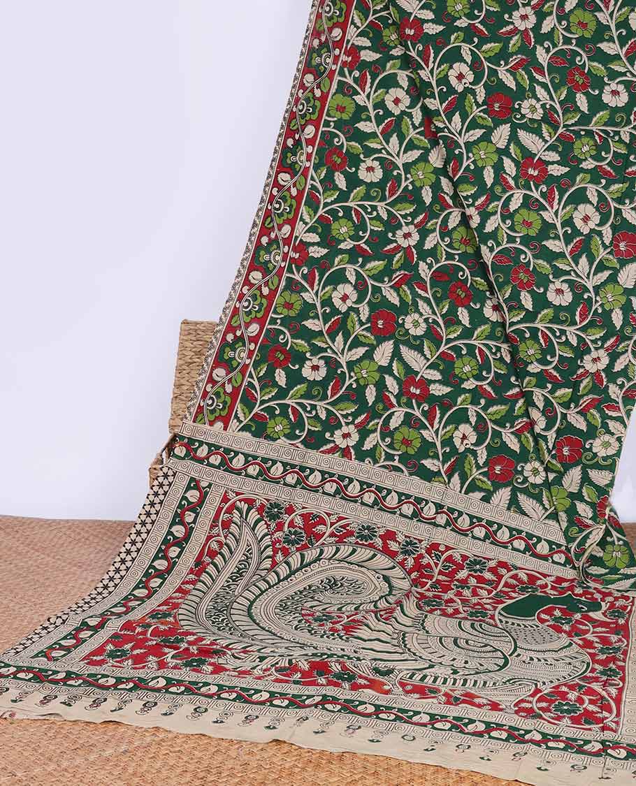 Green floral vine machine printed kalamkari cotton saree with contrast design border& peacock design pallu