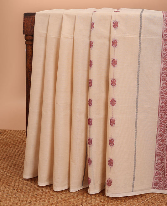 Borderless Beige striped floral design coimbatore cotton saree with floral design pallu