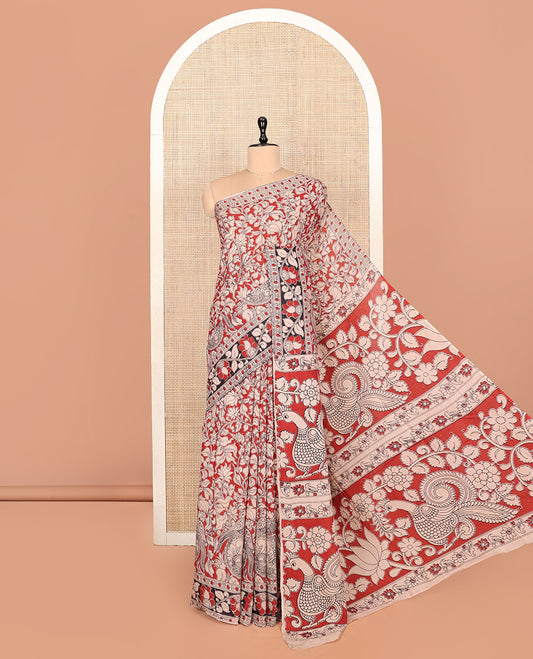Red Kalamkari Cotton Saree, Detailed with Floral Vine Print, Contrast Floral Creeper Border, Pallu of Floral and Peacock Print, and a Matching Blouse