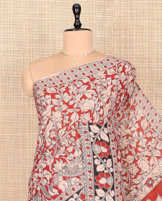 Red Kalamkari Cotton Saree, Detailed with Floral Vine Print, Contrast Floral Creeper Border, Pallu of Floral and Peacock Print, and a Matching Blouse