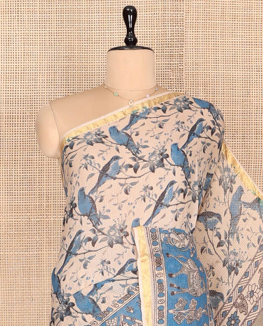 Sandal-Blue Machine-Printed Kalamkari Cotton Saree, Detailed with Bird-Floral Motifs, Contrast Human Motifs Printed Border, Pallu of Human Motifs, and a Contrast Blouse