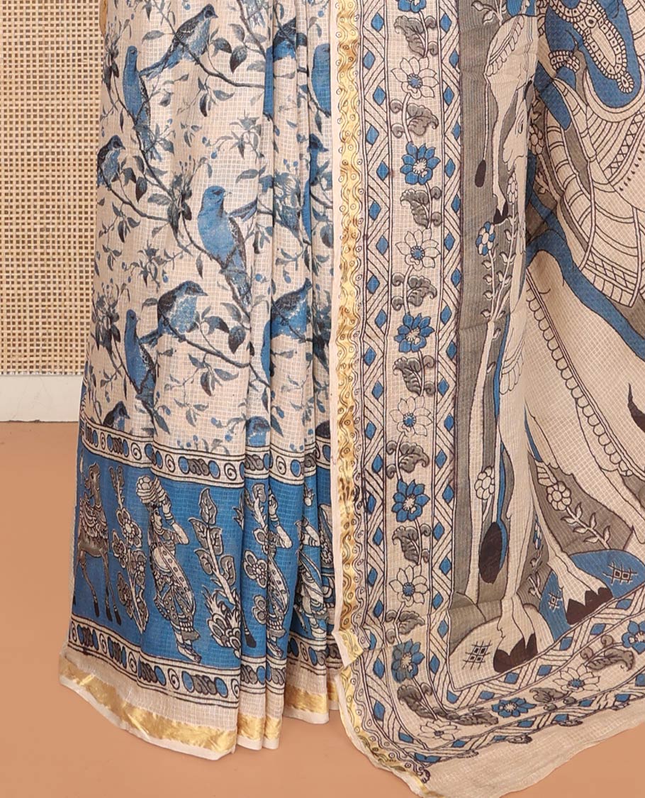 Sandal-Blue Machine-Printed Kalamkari Cotton Saree, Detailed with Bird-Floral Motifs, Contrast Human Motifs Printed Border, Pallu of Human Motifs, and a Contrast Blouse