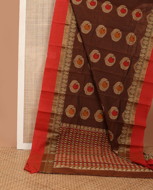 Brown kanchi cotton saree with paisley buttas, contrast manga creeper border & multi-color checked pallu