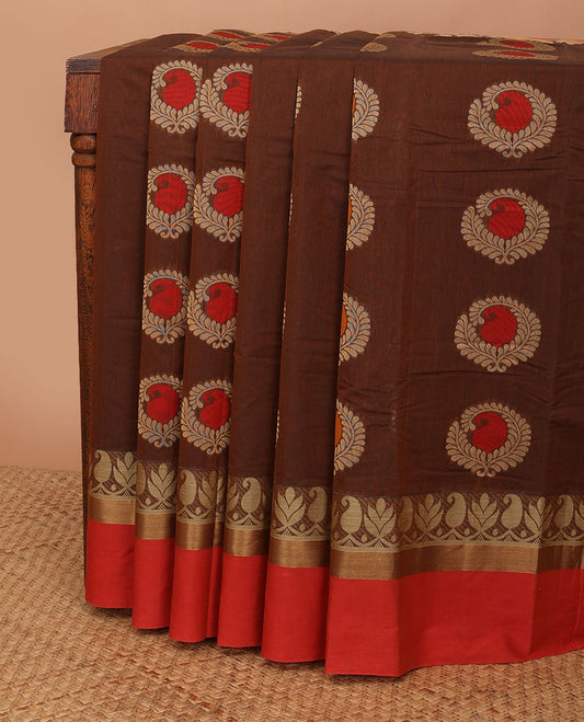 Brown kanchi cotton saree with paisley buttas, contrast manga creeper border & multi-color checked pallu