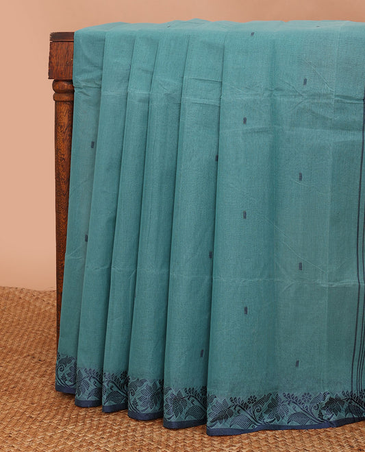 Blue buttas Bengal cotton saree, contrast floral creeper thread border & pallu of buttas & stripes